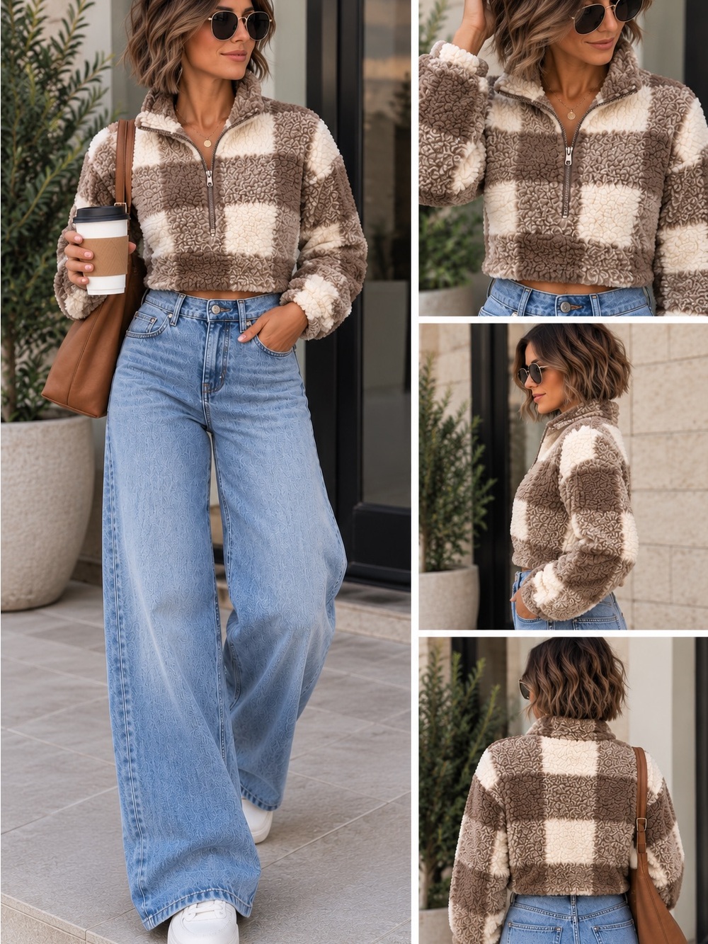 S Brown Cream Checkered Sherpa Teddy Fleece Quarter Zip Pullover